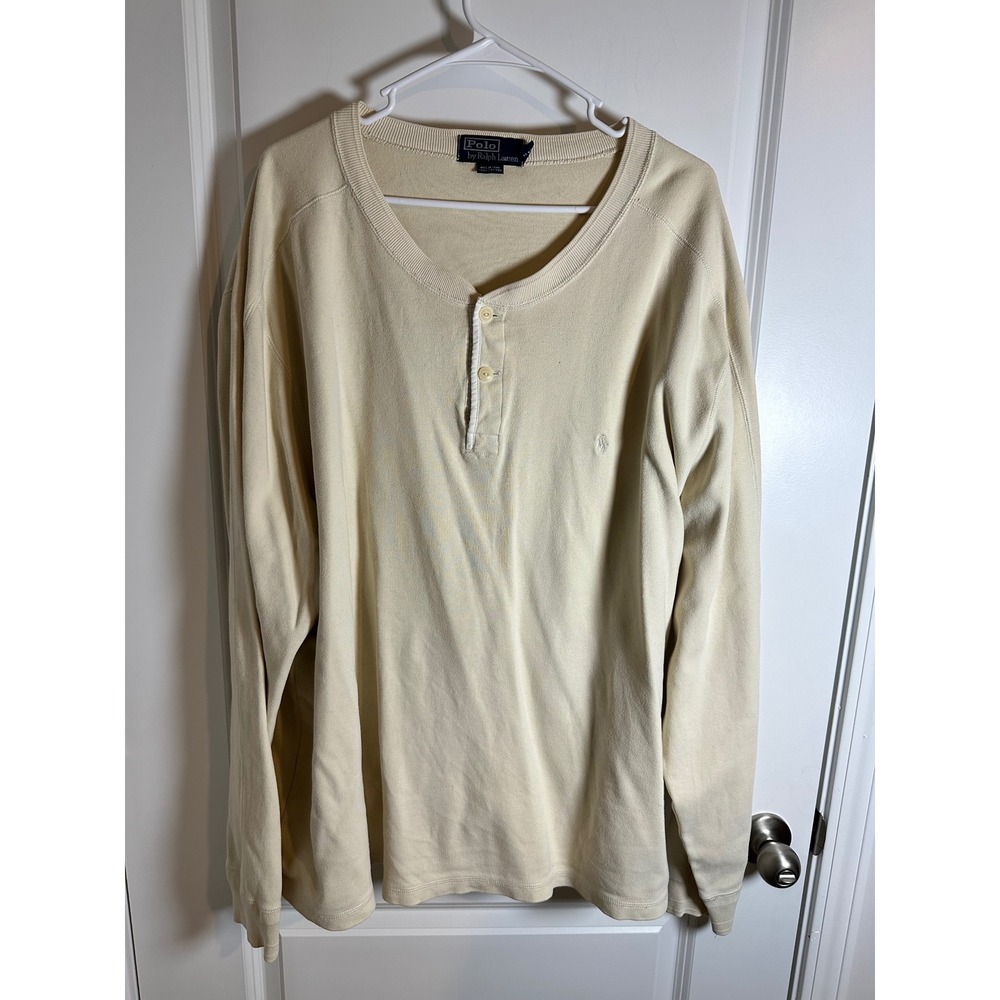 Polo Ralph Lauren Mens XXL Long Sleeve Henley Shirt Cream‎ Beige Distressed